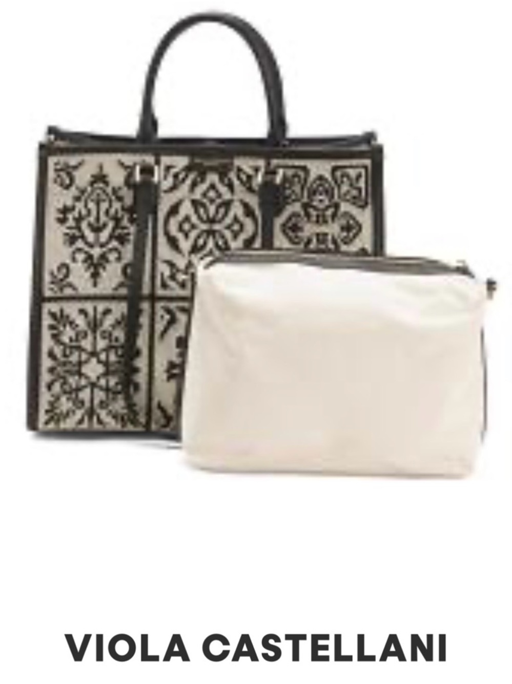 Viola Castellani Black & Cream Embroidered Tote with Removable Pouch